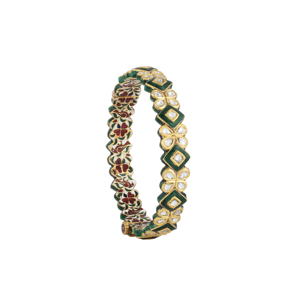 Polki Floral Bangle with Boxy Green Enamel